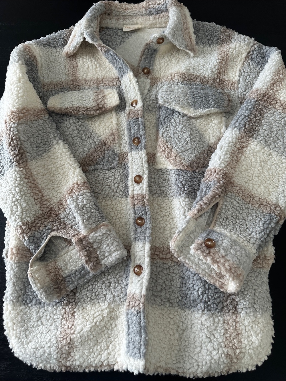 Cozy Sherpa Plaid Shacket - Cream, Gray, blue & cream. Looks great with jeans!